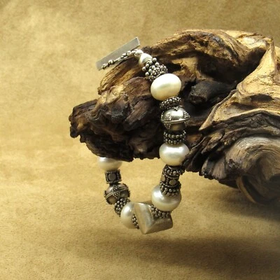 Indonesian Style Sterling Silver and Faux Pearl Toggle Bracelet - Image 1 of 4