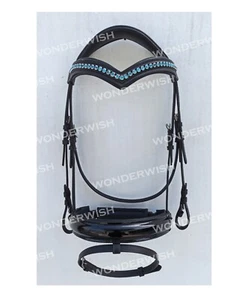 Blue Chain V Browband Patent Padded Noseband Leather Dressage Bridles 4 Sizes - Picture 1 of 7