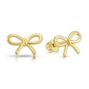 14K Real Solid Gold Dainty Ribbon Bow Sleeper Stud Earrings Screw-back All Sizes - Picture 1 of 25
