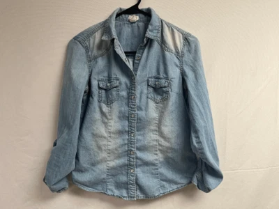 Camisa de mezclilla azul asfalto para mujer manga larga con botones talla pequeña 100 % algodón Foto 1 de 3