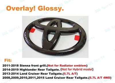 1PC Gloss Black Toyota Logo OVERLAY emblem for Sienna Highlander Land Cruiser - Image 1 of 4