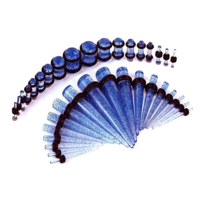 18-54Pcs Blue Glitter Ear Stretching Kit Acrylic Spiral Taper Plugs 14G-00G Sets - Image 1 of 4