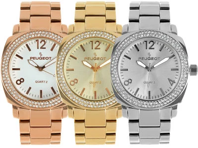 Peugeot 14K Gold Plated Watch, OverSized Boyfriend Style Swarovski Crystal Bezel - Image 1 of 4