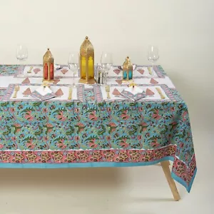 Multi Color Indian Hand Block Print Tablecloth Kitchen Cotton Floral 6 Napkins - Picture 1 of 5