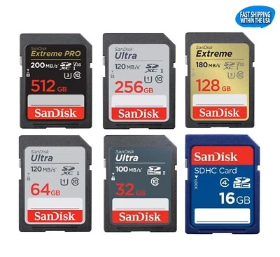 Sandisk SD Cards 16GB 32GB 64GB 128GB 256GB Extreme Ultra Memory Cards lot - Image 1 of 4
