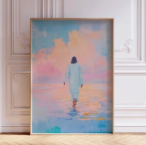 Impresión de arte de pared rosa femenino religioso cristiano Jesucristo caminando sobre el agua - Imagen 1 de 6