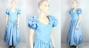 Vtg 80s Blue PUFFY BUBBLE SLEEVE w Bow CINDERELLA Party Prom Dress Gown S - Picture 1 of 13