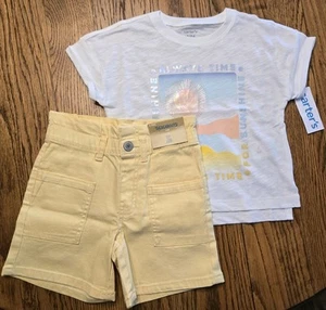 NWT Carters Girls White Graphic Tee & Thereabouts Yellow Midi shorts Size 4 - Picture 1 of 5