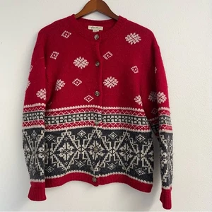 VTG Eddie Baure Sweater Womens M Red Mulit Color Button Wool Alpaca Holida - Picture 1 of 11