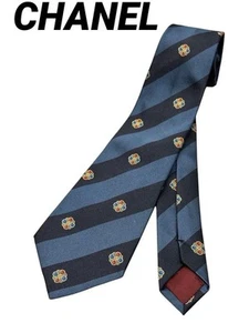 CHANEL Tie Coco Mark 100% Silk Black x Navy x Red multi color - Picture 1 of 12