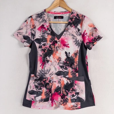 Koi Lite Scrub Top XS Floral Print Pink Gray Black V Neck Short Sleeve Pockets - Image 1 of 4