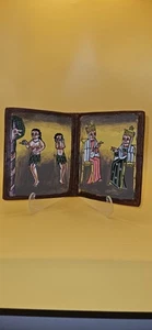 Vtg African Ethiopian Orthodox Altar Icon Painted Wood Leather Etched Case - Picture 1 of 9
