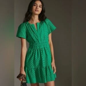 By Anthropologie Somerset Minikleid Eyelet Edition Kelly Green Petite Größe XSP - Bild 1 von 8