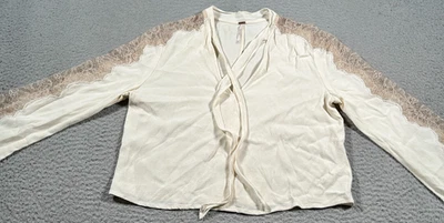 Free People Top Womens Medium Ivory Long Slace Lace V Neck Pullover - Image 1 of 4