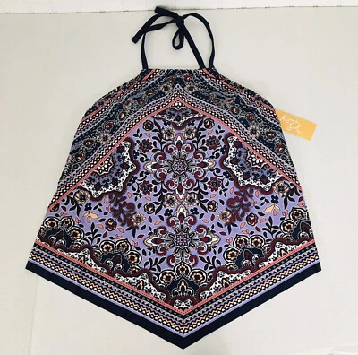 NWT Kona Sol High Neck tankini Swimsuit Halter Top Navy Purple Paisley L 12/14 - Image 1 of 4