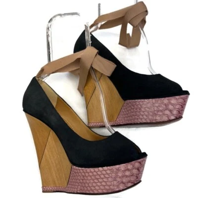 Lanvin Resort 2011 Размер 8-8,5 Черная Замша Подиум Пазл Пип Носок Ведж Розовый Питон - Изображение 1 из 4