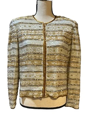 Piccalino Petite Sequined Beaded Gold/Silver Silk Jacket Women’s Sz 8P Formal - Image 1 of 4