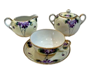 Nippon Hand Painted Purple Flower Sugar Bowl Creamer Cup Saucer Set Tea Coffee - Picture 1 of 24