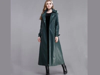 Women's Genuine Leather Trench Coat Double Breasted Full Length Dark Green Coat - Image 1 of 4