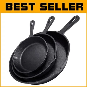Heavy-Duty Cast Iron Skillet 3-Piece Set - Pre-Seasoned, Non-Stick Black Pans - Picture 1 of 7