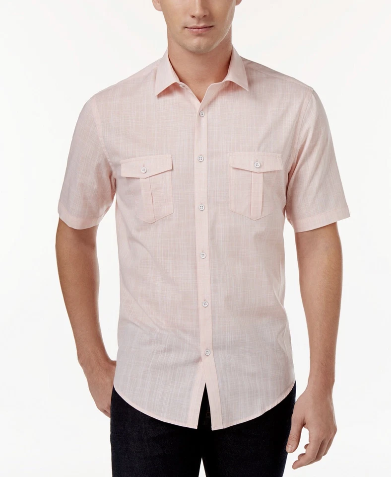 Alfani Mens Pink Textured Pockets Short Sleeves Button-down Shirt XL BHFO 0461