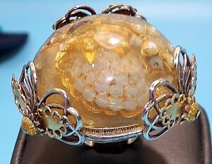 MIRIAM HASKELL DESIGNER Signed Sz 7.5 LUCITE XL Butterfly RING SILVER /GOLD TONE