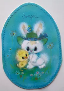 Hase mit Küken Blumen Glitzer geprägt Vintage Ostergrußkarte *JJ6 - Bild 1 von 3