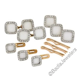Cartier Antique Edwardian Linen Enamel & Diamond Cufflinks & Studs Set w/ Box - Picture 1 of 10