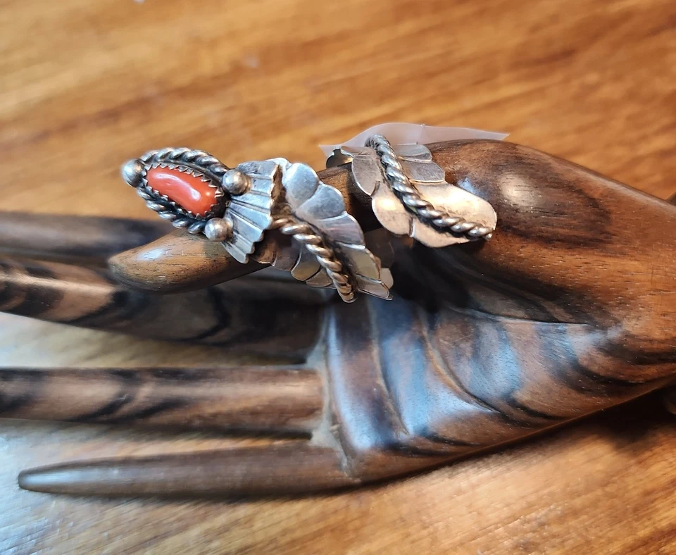 Elegant Snake Ring with Coral by Navajo Silversmith - Image 1 of 3