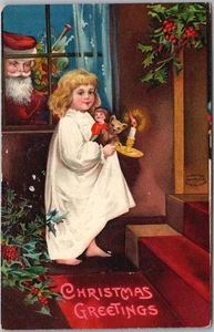 Postal de Navidad de la década de 1910 de Santa Claus y niña con vela - silla de montar sin firmar - Imagen 1 de 2