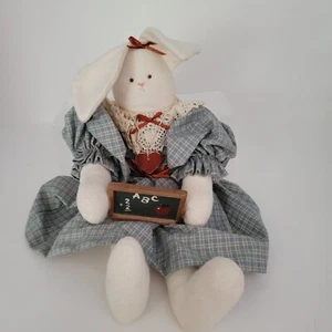 Vintage handgefertigt Hase Kaninchen Volkskunst genäht Plüsch kariert Kleid Kreidetafel 12 Zoll - Bild 1 von 8
