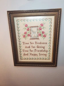 Vintage Framed Cross Stitch Flowers Hour Glass Kindness Giving Friendship Happy - Picture 1 of 4
