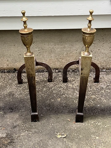 Antique Adams Style Engraved Brass Andirons Cover