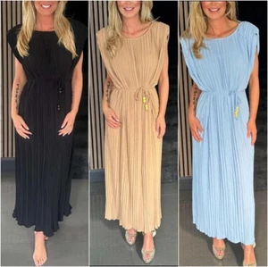 Women's Sleeveless Pleated Midi Dress with Waist Tie Casual Summer Fashion Maxi - Picture 1 of 11