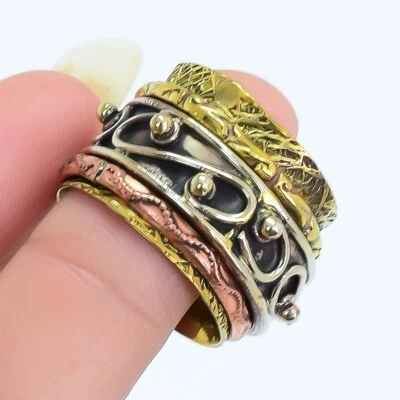 Anillo de latón triple tono étnico hecho a mano giratorio de diseñador multi tamaño RRJR3426 Foto 1 de 4