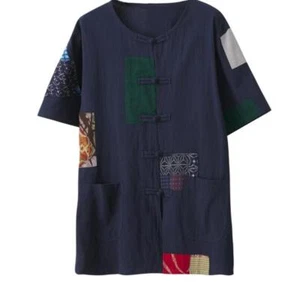 Men's Fashion Chinese Style Round Collar Short Sleeve Patch Cotton Linen Shirt - Picture 1 of 15