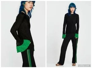 ZARA WOMEN BLACK GREEN CONTRASTING CUFFS PLEATED TEXTURED BLOUSE TOP M - Picture 1 of 8