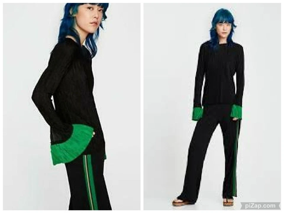 ZARA BLUSA MUJER NEGRA VERDE PUÑOS EN CONTRASTE PLISADA TEXTURIZADA TOP M Foto 1 de 4
