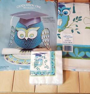 Graduation Owl Paper Tablecloth Napkins Honeycomb Centerpiece Vintage Blue Green