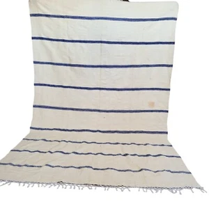 AzilalVintage Handmade Moroccan White Rug Green Stripe Berber Tribal Wool Carpet - Picture 1 of 24