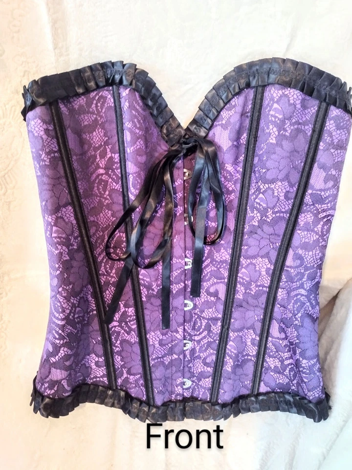 Corset Velvet Kitten Women's Medium Violet Purple & Black Lace-Up Hooks at Front - Image 1 of 4