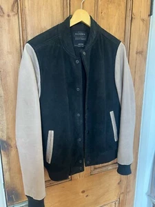 All Saints Bleek Varsity Jacket Leather Suede Bomber Mens Size Medium Black - Picture 1 of 4