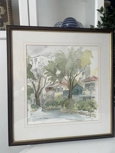 French Watercolour Scene Signed Painting Vintage Oak Framed European Large Vtg - Picture 1 of 5