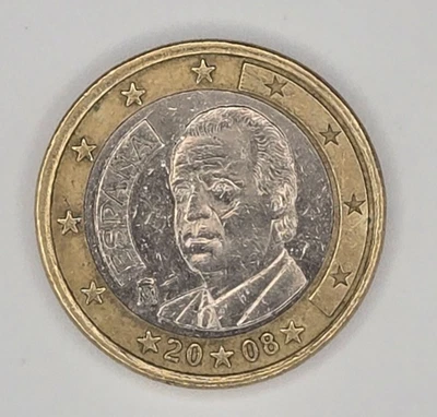Moneda de 1 euro España 2008-Juan Carlos I-1er tipo; 2do mapa-KM#1073 circulada Foto 1 de 2