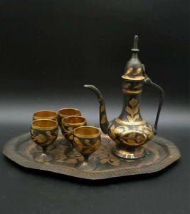 Brass Indian ABDULAH Mini Tea Black And Gold Set 7pc. Set Vintage #TA3 - Picture 1 of 4