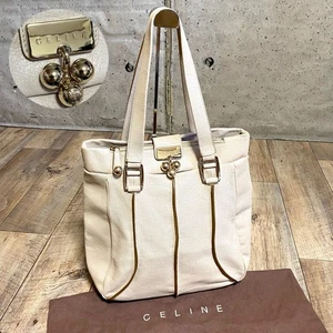 echt Celine Logo Gold Hardware Leder Beuteltasche Tasche Handtasche beige Schulter A4 - Bild 1 von 10