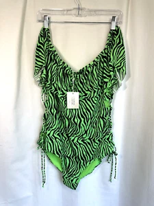 Womens 3X One Pc Swimsuit Off Shoulder Lace Up Sides Zebra Green shorter torso - Picture 1 of 9