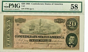 1864 $20 Confederate States of America Note T-67 - AU-58 PMG Certified - Picture 1 of 2