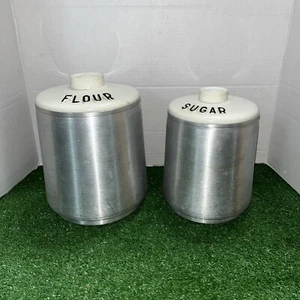 Kromex Set of 2 1950s Aluminum Canisters Flour Sugar White Lid - Picture 1 of 6