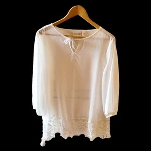Chico's White Sheer Lace Trimmed Long Tunic Blouse Chico's Size 2 - Picture 1 of 5